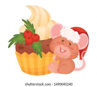 Cute brown mouse with a huge cupcake. Vector illustration on a white background.