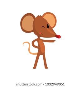 Cute brown mouse pointing, funny rodent character cartoon vector Illustration on a white background