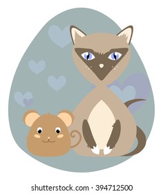 Cute brown mouse and Siamese cat. Childish vector cartoon illustration