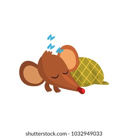 Cute brown mouse sleeping on the floor wrapped in green blanket, funny rodent character cartoon vector Illustration on a white background