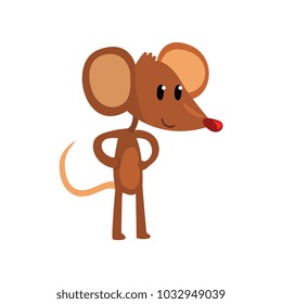 Cute brown mouse standing on two legs with hands on its waist, funny rodent character cartoon vector Illustration on a white background