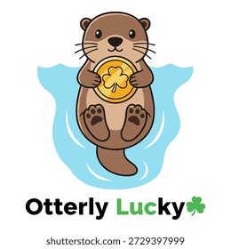 Personagem de lontra marrom bonito flutuando nas costas segurando moeda de ouro de sorte em água azul. Design de ilustração de sorte punny.
