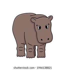 Cute brown outline doodle cartoon gray hippo stands or goes to somewhere, eyes slanted. Vector isolated illustration on white background, front view