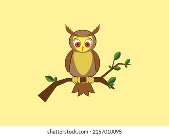 cute brown owl with big eye on the branch flat illustration