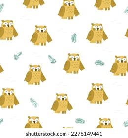 A cute brown owl with big eyes sits on the snow. There are fir branches. Seamless pattern for printing on paper, fabric. For scrapbooking, merch, postcards, wrapping paper, notebooks, mugs.