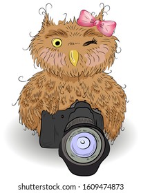 Cute brown owl with a camera and bow, hand-drawing, watercolor, sketch