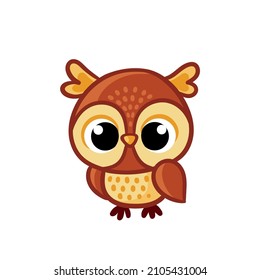 Cute brown owl chick sits on a white background. Baby owl in cartoon style.
