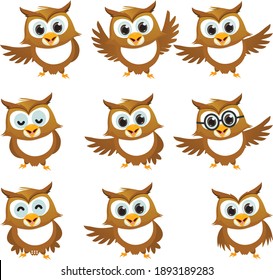 Cute Brown Owl Emoji Icon Set. Vector cartoon illustration of owl character with different poses and emotions