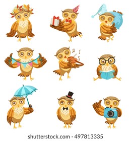Cute Brown Owl Everyday Activities Icon Set