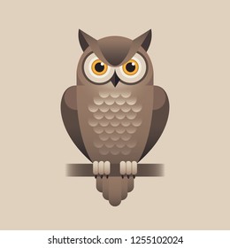Cute brown owl illustration in flat style. Education, wisdom, knowledge symbol.
