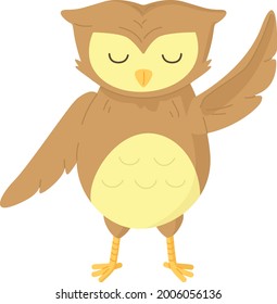 Cute brown owl raised the wing with closed eyes. Can be used as kids print. for nursery. Stock vector illustration isolated on white background in flat cartoon style.