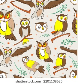 Cute brown owl Seamless pattern.