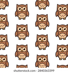Cute Brown Owl Seamless Pattern Vector, Cartoon Bird Illustration for Kids Fabric and Wallpaper