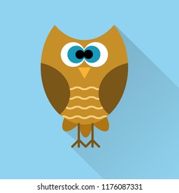 Cute brown owl with a shadow on a blue background. Flat cartton style vector illustration.