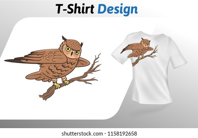 Cute brown owl sitting on a branch t-shirt print. Colorful mock up t-shirt design template. Vector template, isolated on white background.