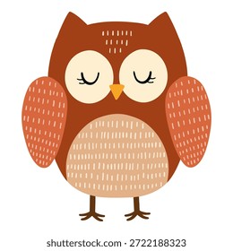 Linda Ilustración vectorial de búho marrón, personaje de pájaro dibujado a mano con ojos cerrados. Estilo escandinavo