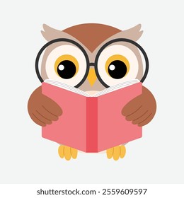 cute brown owl wearing eye glasses reading book illustration