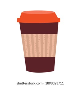 A cute brown paper cup with a red lid. Vector, white background, isolated.