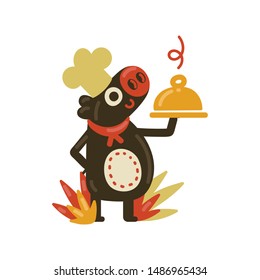 Cute brown pig serving dish wearing chef hat illustration editable vector