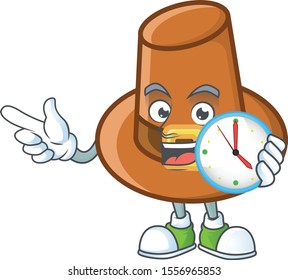 Cute brown pilgrim hat in with bring clock mascot.