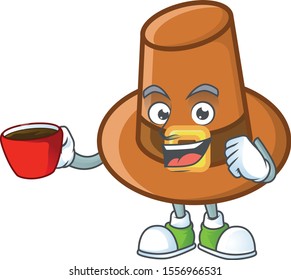 Cute brown pilgrim hat in drinking in cup mascot.
