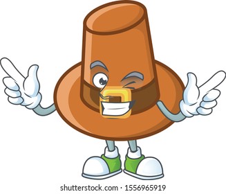 Cute brown pilgrim hat in wink mascot.