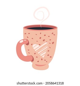 Cute brown and pink cup with hot drink. Cartoon art in scandinavian style