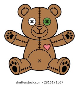 Cute brown plush bear with visible stitches and mismatched button eyes sitting on white surface.