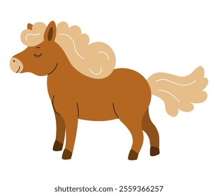 Cute brown pony with curly mane standing peacefully in a cheerful illustration