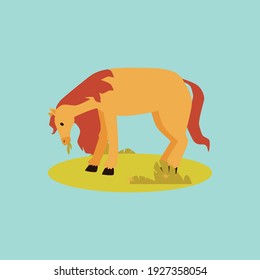 Cute brown pony horse grazing in the meadow, flat vector illustration isolated on blue background. Cartoon character of purebred pony small cute horse.
