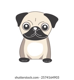 Cute brown pug in flat design. Friendly domestic dog, funny pet sitting. Vector illustration isolated.