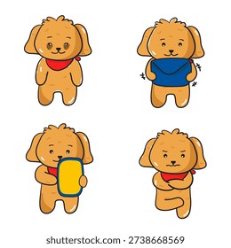 Cute brown puppy character set featuring different emotions including happy, shy, angry, and in love. Adorable kawaii dog wearing a red bandana, isolated on white background.