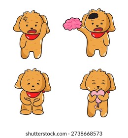 Cute brown puppy character set featuring different emotions including happy, shy, angry, and in love. Adorable kawaii dog wearing a red bandana, isolated on white background.