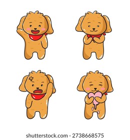 Cute brown puppy character set featuring different emotions including happy, shy, angry, and in love. Adorable kawaii dog wearing a red bandana, isolated on white background.