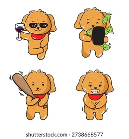 Cute brown puppy character set featuring different emotions including happy, shy, angry, and in love. Adorable kawaii dog wearing a red bandana, isolated on white background.