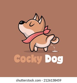 A CUTE BROWN PUPPY WITH A RED SCARF IS PEEING. PREMIUM CARTOON LOGO. 