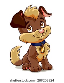 Cute brown puppy sits and looks kindly on you.