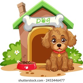 Cute brown puppy sitting by its doghouse