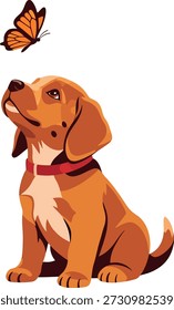 Cute brown puppy sitting and looking up curiously at an orange butterfly flying above it. Isolated vector illustration on white background.