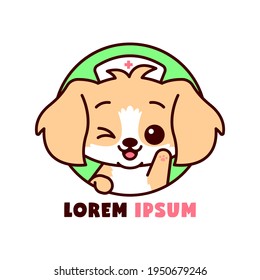 CUTE BROWN PUPPY SMILING ANG WEARING NURSE CAP CARTOON LOGO.