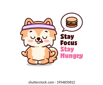 CUTE BROWN PUPPY ARE THINKING A DELICIOUS BURGER WHILE DOING YOGA