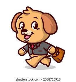Una adorable trabajadora de cachorros marrones está caminando y llevando una bolsa marrón. Mascota de dibujos animados.