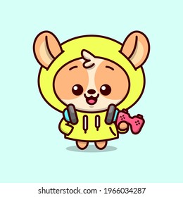 CUTE BROWN PUPPY IN YELLOW HOODIE JACKET WITH BLUE HEADPHONE HOLDING A RED JOYSTICK. HIGH QUALITY CARTOON MASCOT DESIGN.