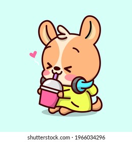 CUTE BROWN PUPPY IN YELLOW HOODIE JACKET WITH BLUE HEADPHONE IS FEELING SO HAPPY WHILE DRINKING. HIGH QUALITY CARTOON CHARACTER DESIGN.