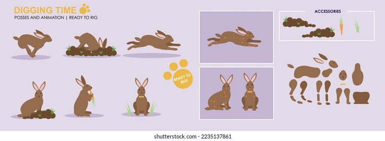 Cute brown rabbit, bunny digging with accessories ready for animation vector, collection of multiple poses and positions. Bunny digging