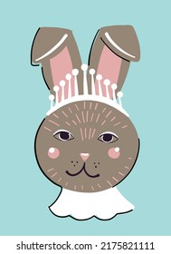 Rein braunes Kaninchen mit einer Krone auf dem Kopf. Er ist eine Prinzessin auf dem Karneval. Der Kopf eines Kaninchens im Cartoon-Stil.