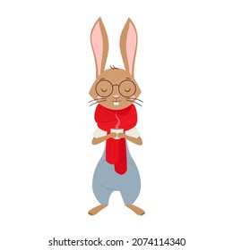 Cute brown rabbit with a cup of coffee in his hands. The symbol of the year 2023, the year of the rabbit according to the lunar calendar. Vector illustration, hand-drawn, isolated on white background