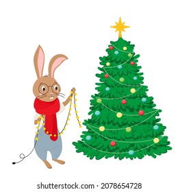 Cute brown rabbit with garland in his hands is decorating Christmas tree. Symbol of year 2023, year of rabbit according to lunar calendar. Vector illustration, hand-drawn, isolated on white background