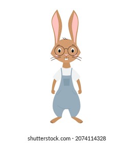 Cute brown rabbit with glasses is smiling. The symbol of the year 2023, the year of the rabbit according to the lunar calendar. A hand-drawn vector stock illustration isolated on a white background.