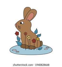 cute brown rabbit hiding behind flowers in the jungle, forest, in spring, easter bunny, hare, grass ground